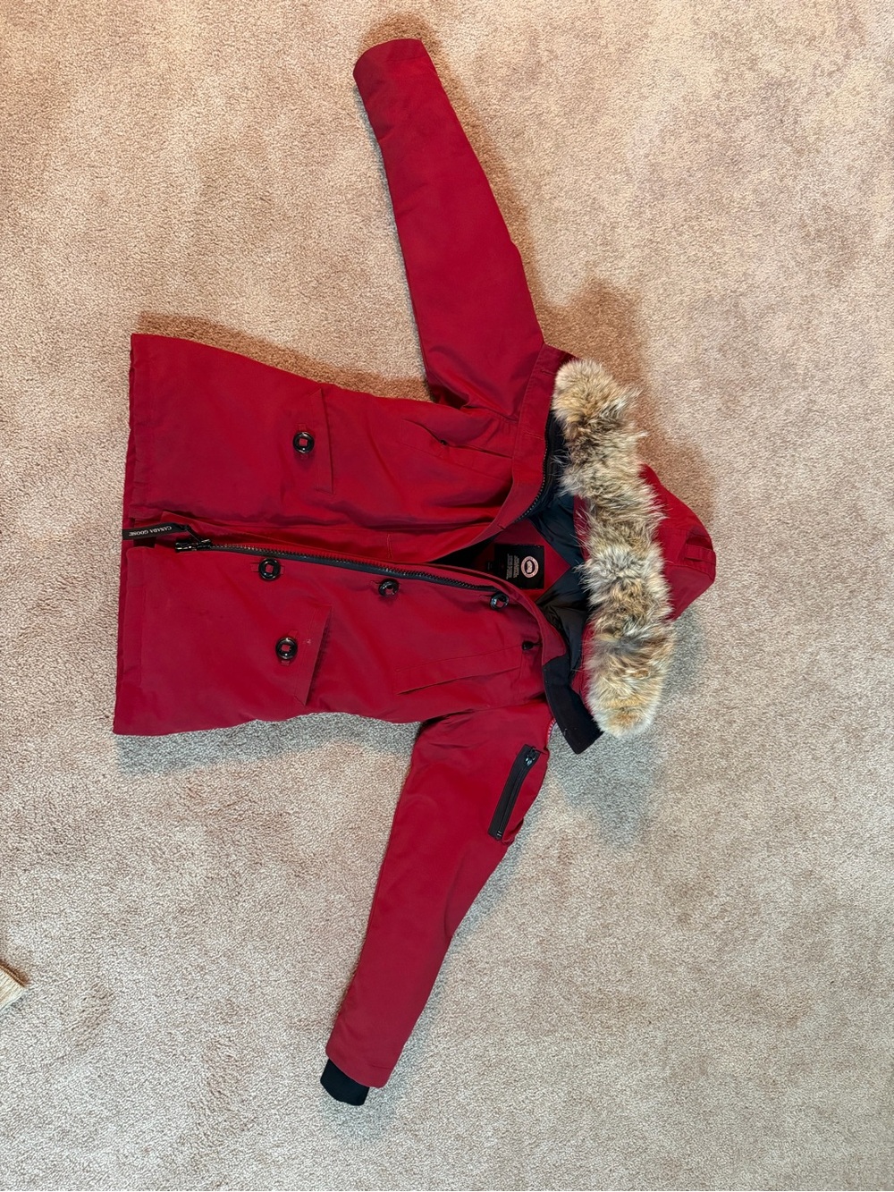 Canada Goose Red Hooded Parka with Faux Fur Trim